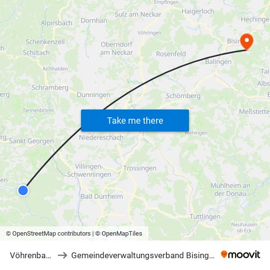 Vöhrenbach to Gemeindeverwaltungsverband Bisingen map