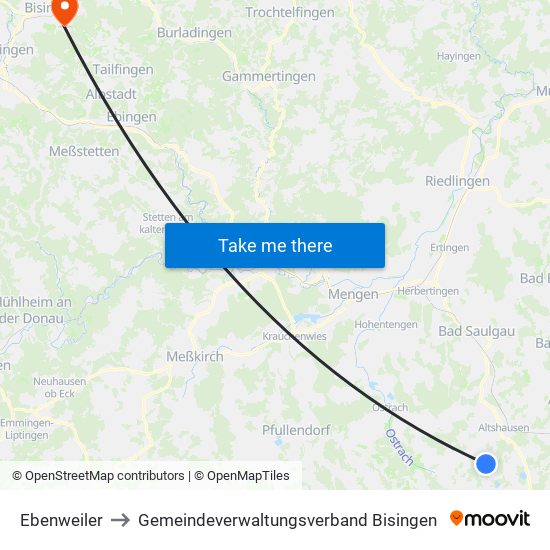 Ebenweiler to Gemeindeverwaltungsverband Bisingen map