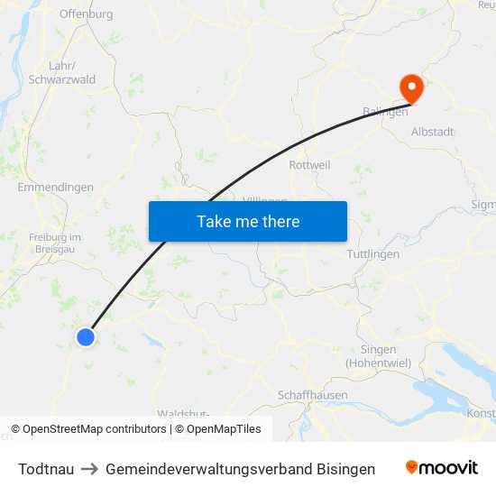 Todtnau to Gemeindeverwaltungsverband Bisingen map