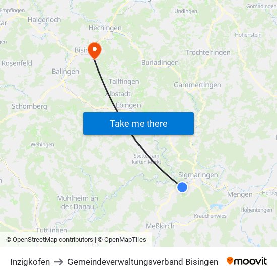 Inzigkofen to Gemeindeverwaltungsverband Bisingen map