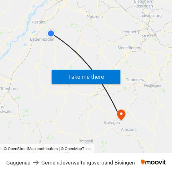Gaggenau to Gemeindeverwaltungsverband Bisingen map