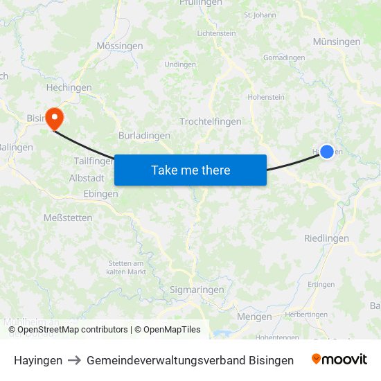 Hayingen to Gemeindeverwaltungsverband Bisingen map