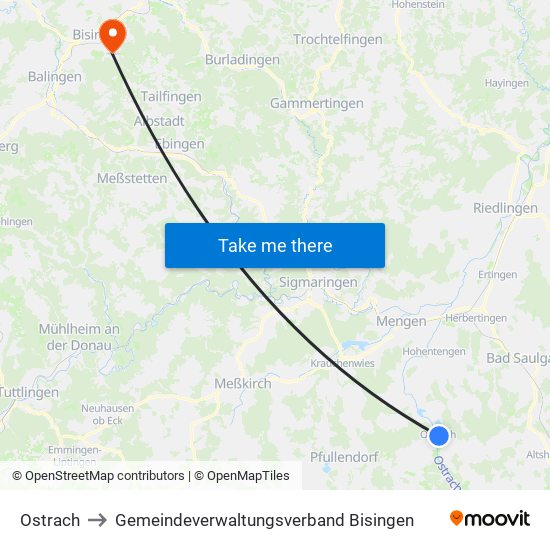 Ostrach to Gemeindeverwaltungsverband Bisingen map