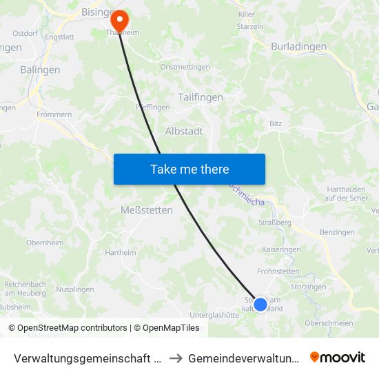 Verwaltungsgemeinschaft Stetten am Kalten Markt to Gemeindeverwaltungsverband Bisingen map