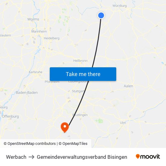 Werbach to Gemeindeverwaltungsverband Bisingen map