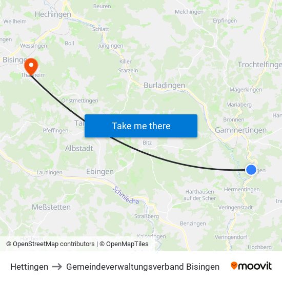 Hettingen to Gemeindeverwaltungsverband Bisingen map