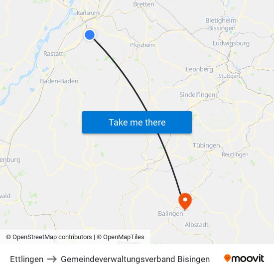 Ettlingen to Gemeindeverwaltungsverband Bisingen map