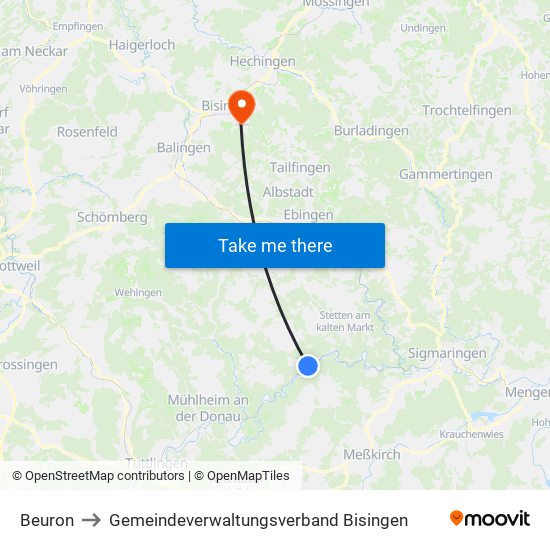 Beuron to Gemeindeverwaltungsverband Bisingen map