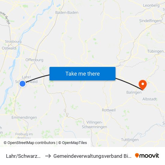 Lahr/Schwarzwald to Gemeindeverwaltungsverband Bisingen map