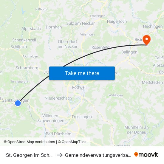 St. Georgen Im Schwarzwald to Gemeindeverwaltungsverband Bisingen map