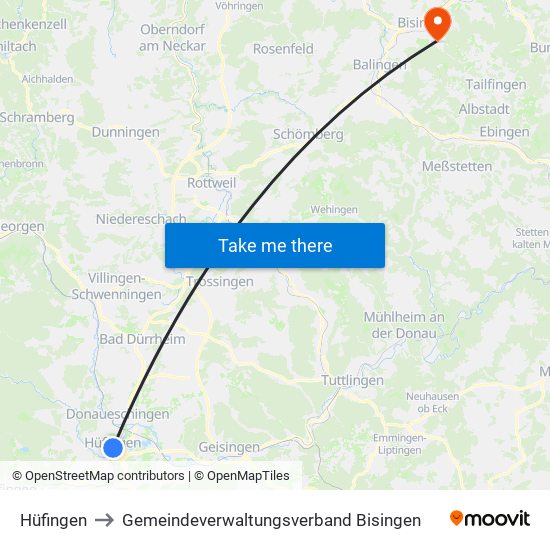 Hüfingen to Gemeindeverwaltungsverband Bisingen map