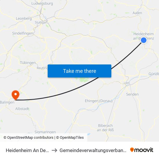 Heidenheim An Der Brenz to Gemeindeverwaltungsverband Bisingen map