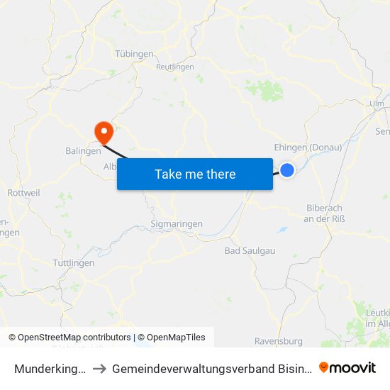 Munderkingen to Gemeindeverwaltungsverband Bisingen map