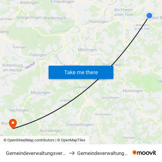 Gemeindeverwaltungsverband Raum Bad Boll to Gemeindeverwaltungsverband Bisingen map