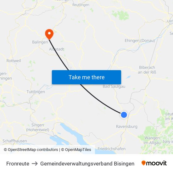 Fronreute to Gemeindeverwaltungsverband Bisingen map