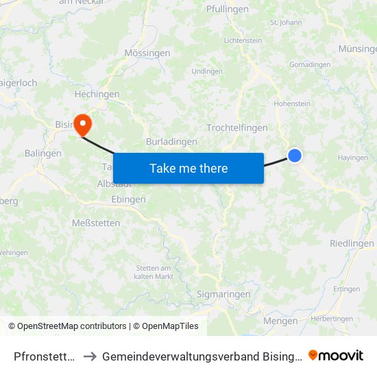 Pfronstetten to Gemeindeverwaltungsverband Bisingen map
