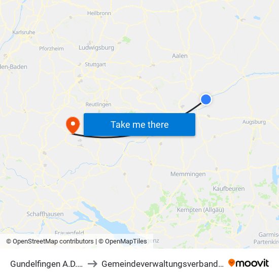 Gundelfingen A.D.Donau to Gemeindeverwaltungsverband Bisingen map