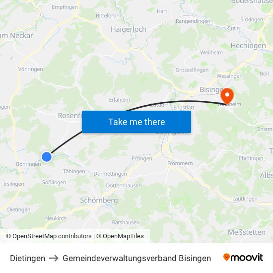 Dietingen to Gemeindeverwaltungsverband Bisingen map