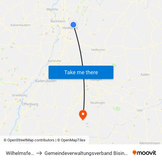 Wilhelmsfeld to Gemeindeverwaltungsverband Bisingen map