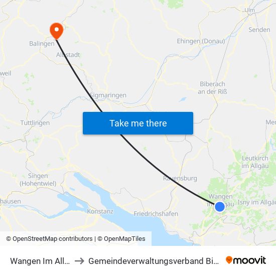 Wangen Im Allgäu to Gemeindeverwaltungsverband Bisingen map