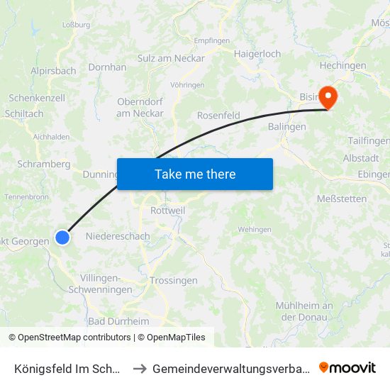 Königsfeld Im Schwarzwald to Gemeindeverwaltungsverband Bisingen map