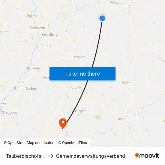 Tauberbischofsheim to Gemeindeverwaltungsverband Bisingen map