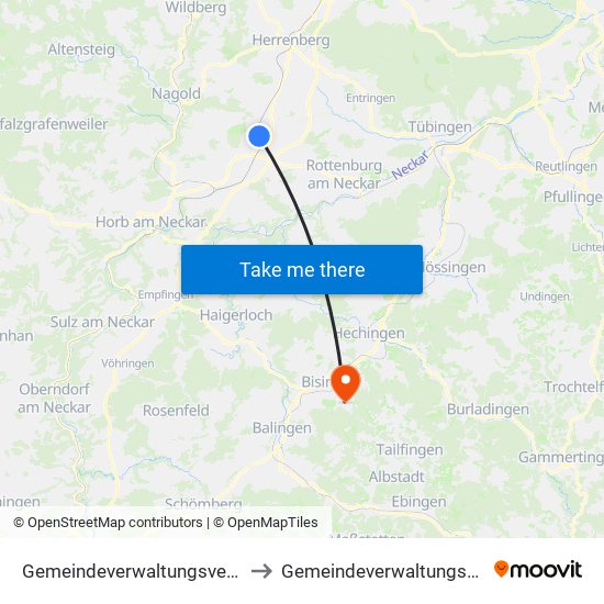 Gemeindeverwaltungsverband Oberes Gäu to Gemeindeverwaltungsverband Bisingen map