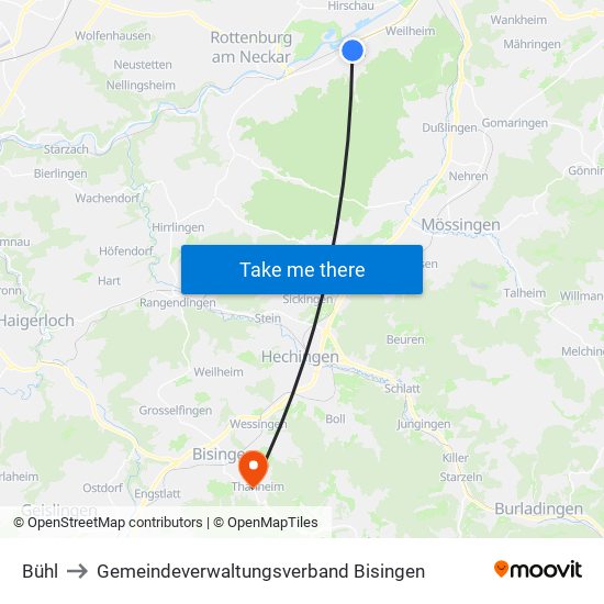 Bühl to Gemeindeverwaltungsverband Bisingen map