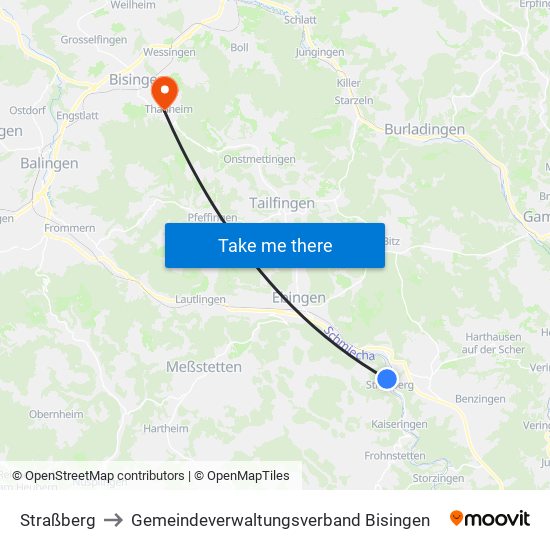 Straßberg to Gemeindeverwaltungsverband Bisingen map