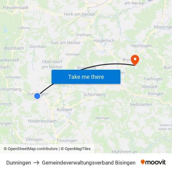 Dunningen to Gemeindeverwaltungsverband Bisingen map