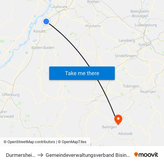 Durmersheim to Gemeindeverwaltungsverband Bisingen map