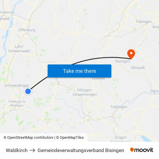 Waldkirch to Gemeindeverwaltungsverband Bisingen map