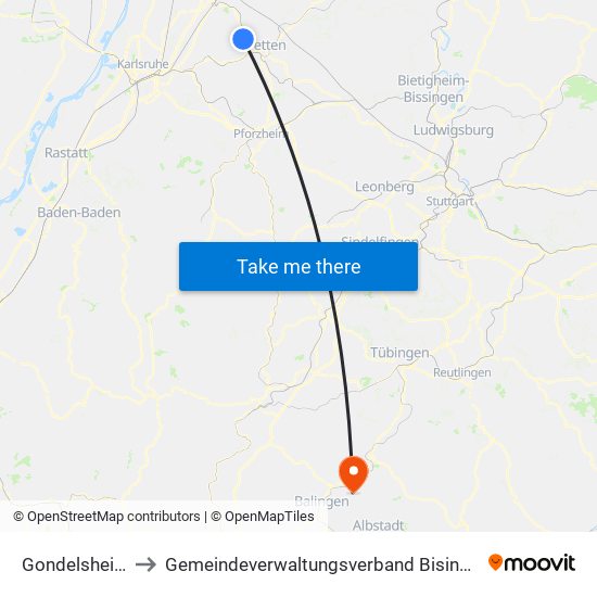 Gondelsheim to Gemeindeverwaltungsverband Bisingen map