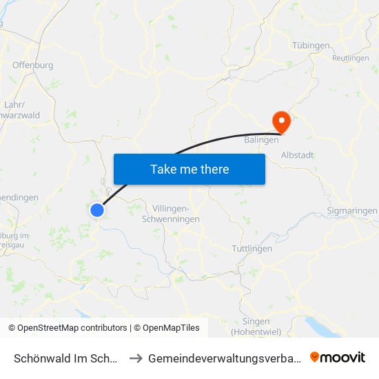 Schönwald Im Schwarzwald to Gemeindeverwaltungsverband Bisingen map