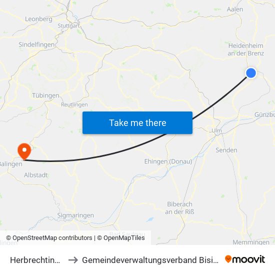 Herbrechtingen to Gemeindeverwaltungsverband Bisingen map