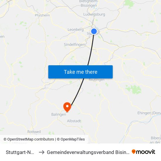 Stuttgart-Nord to Gemeindeverwaltungsverband Bisingen map
