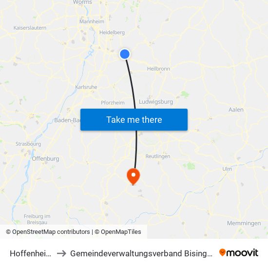 Hoffenheim to Gemeindeverwaltungsverband Bisingen map