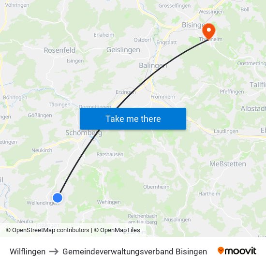 Wilflingen to Gemeindeverwaltungsverband Bisingen map