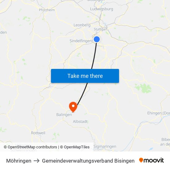 Möhringen to Gemeindeverwaltungsverband Bisingen map