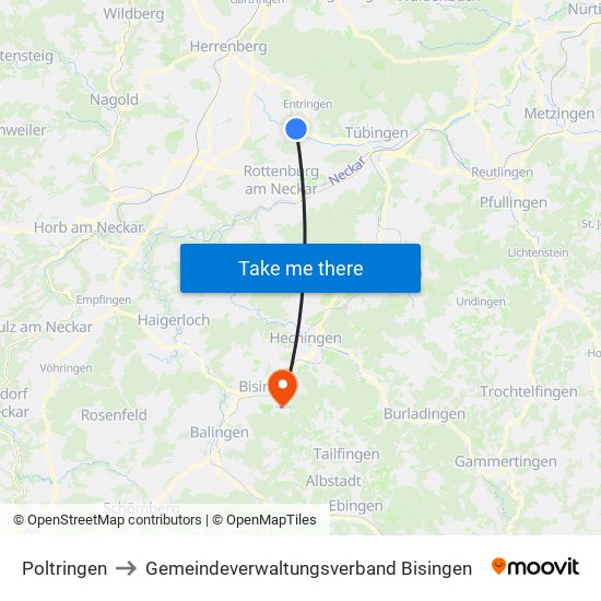 Poltringen to Gemeindeverwaltungsverband Bisingen map
