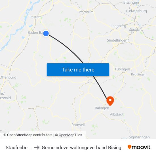 Staufenberg to Gemeindeverwaltungsverband Bisingen map