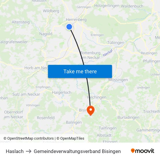 Haslach to Gemeindeverwaltungsverband Bisingen map