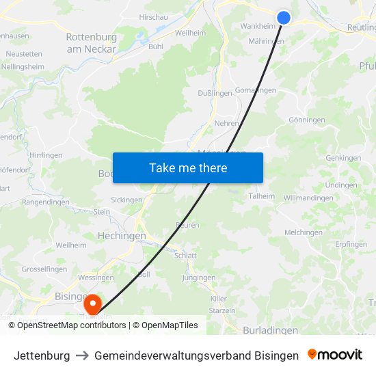 Jettenburg to Gemeindeverwaltungsverband Bisingen map