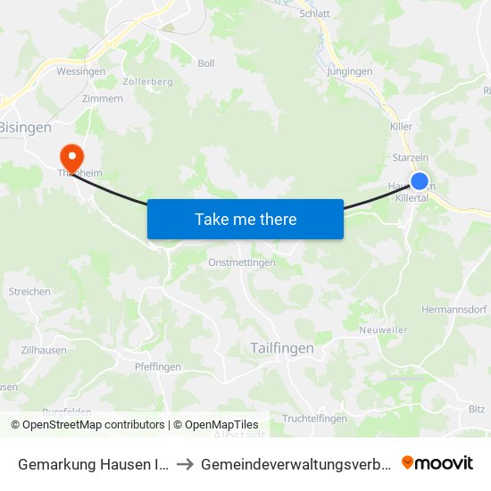 Gemarkung Hausen Im Killertal to Gemeindeverwaltungsverband Bisingen map