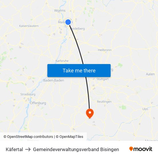 Käfertal to Gemeindeverwaltungsverband Bisingen map