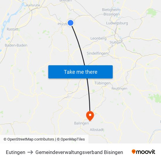 Eutingen to Gemeindeverwaltungsverband Bisingen map