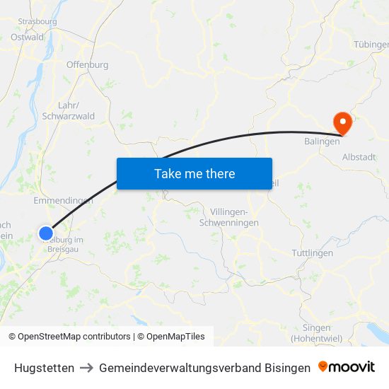 Hugstetten to Gemeindeverwaltungsverband Bisingen map