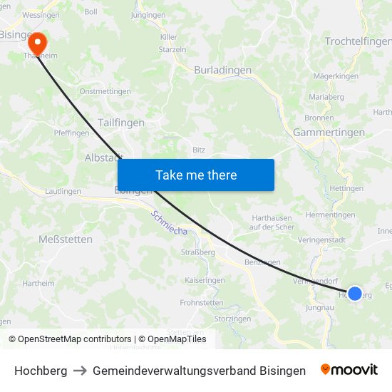 Hochberg to Gemeindeverwaltungsverband Bisingen map