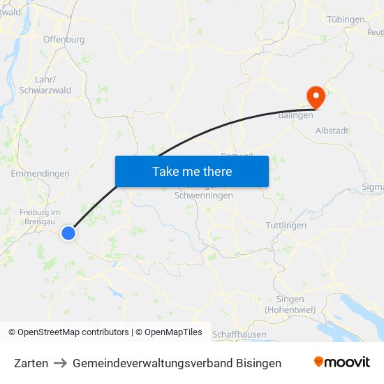 Zarten to Gemeindeverwaltungsverband Bisingen map