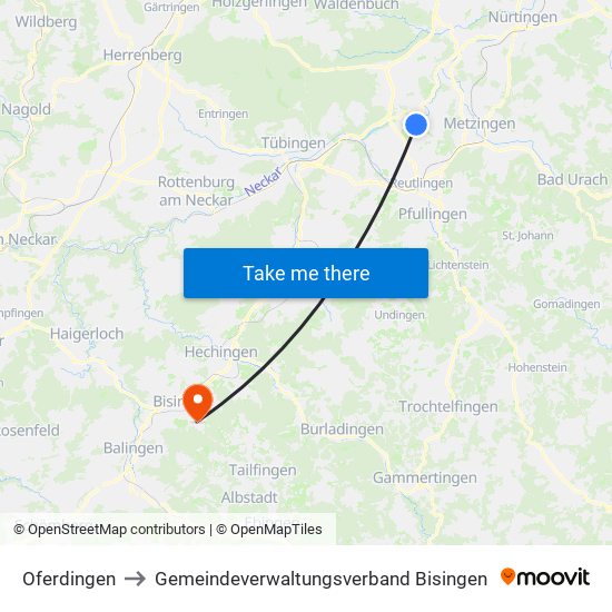 Oferdingen to Gemeindeverwaltungsverband Bisingen map